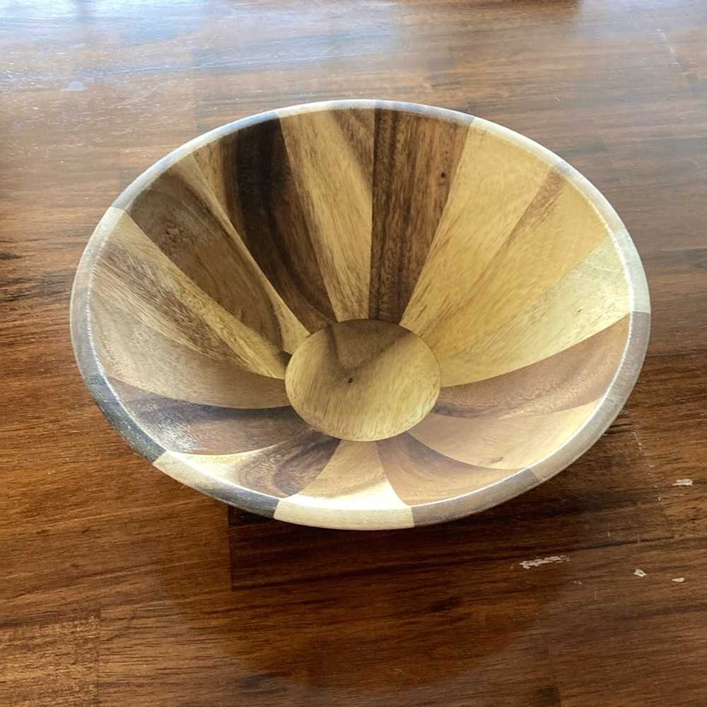 Large Genuine Wood Salad Serving Bowl Earthenware Dinnerware Minimalist Tan EUC
